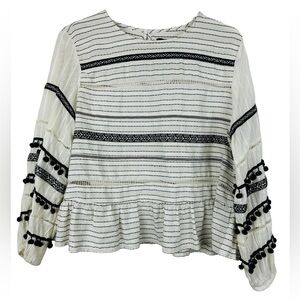 ZARA Boho Blouse in Black & White Stipes w/ Pom Pom fringe Size XL